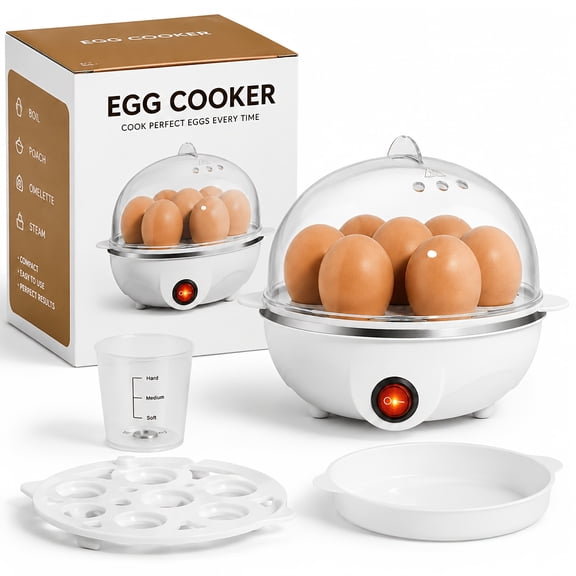 7-Egg Rapid Egg Cooker, Electric Egg Boiler, Poacher & Steamer for Hard, Medium & Soft Boiled Eggs, Family Size Meal Prep Kitchen Appliance