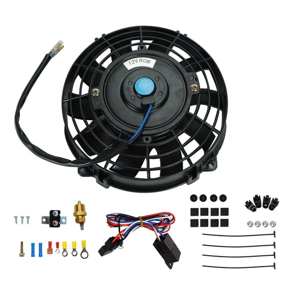 7" Electric Engine Radiator Cooling Slim Pull Fan Mount Set with Thermostat Temperature Relay Switch Sensor Kit