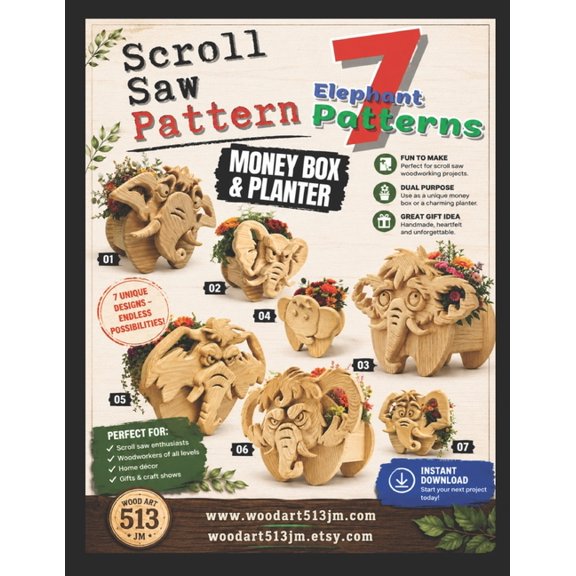 7 Elephant Scroll Saw Patterns: Money Box & Planter Collection, (Paperback)