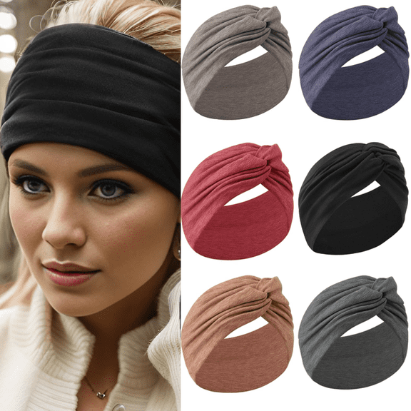 7'' Extra Wide Headbands for Women, 6Pcs Large Cotton Like Turban Knotted Bandana Head Bands for Women Non Slip, Boho Headbands for Women's Hair