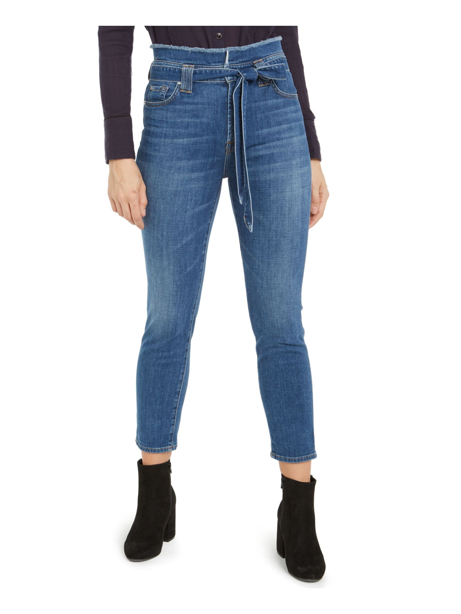 7 FOR ALL MANKIND Womens Blue Denim Zippered Pocketed Belted Paperbag Ankle Skinny High Waist Jeans 28
