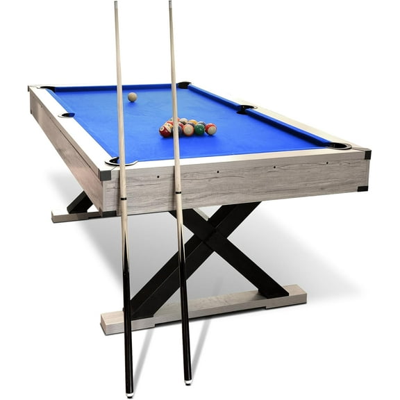 7 FT Billiard Tables, Pool Table with 2 Cue Sticks, Billiard Balls, Cues, Cleaning Brush, X-Legs, 84" L x 46.5" W x 32.7" H