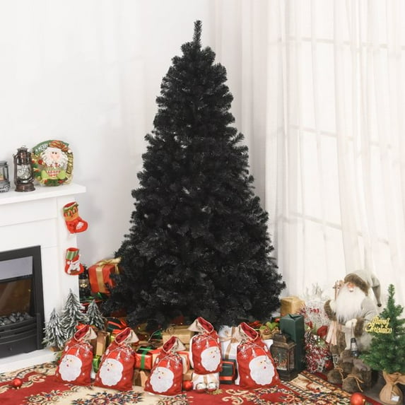 7 FT Black Artificial Christmas Tree, 1346 Realistic Plastic Branch Tips, Sturdy Base with Detachable Feet, Easy Assembly