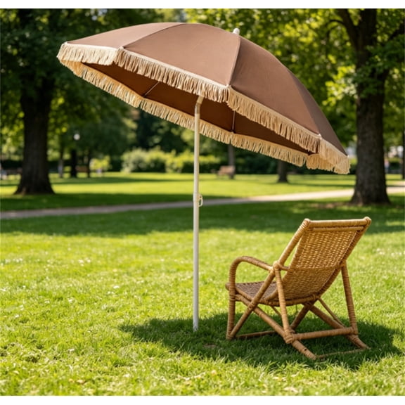 7 FT Boho Patio Umbrella with Fringe Tassel, 30° Adjustable Tilt Outdoor Sun Canopy, Portable 2-Section Metal Beach Umbrella
