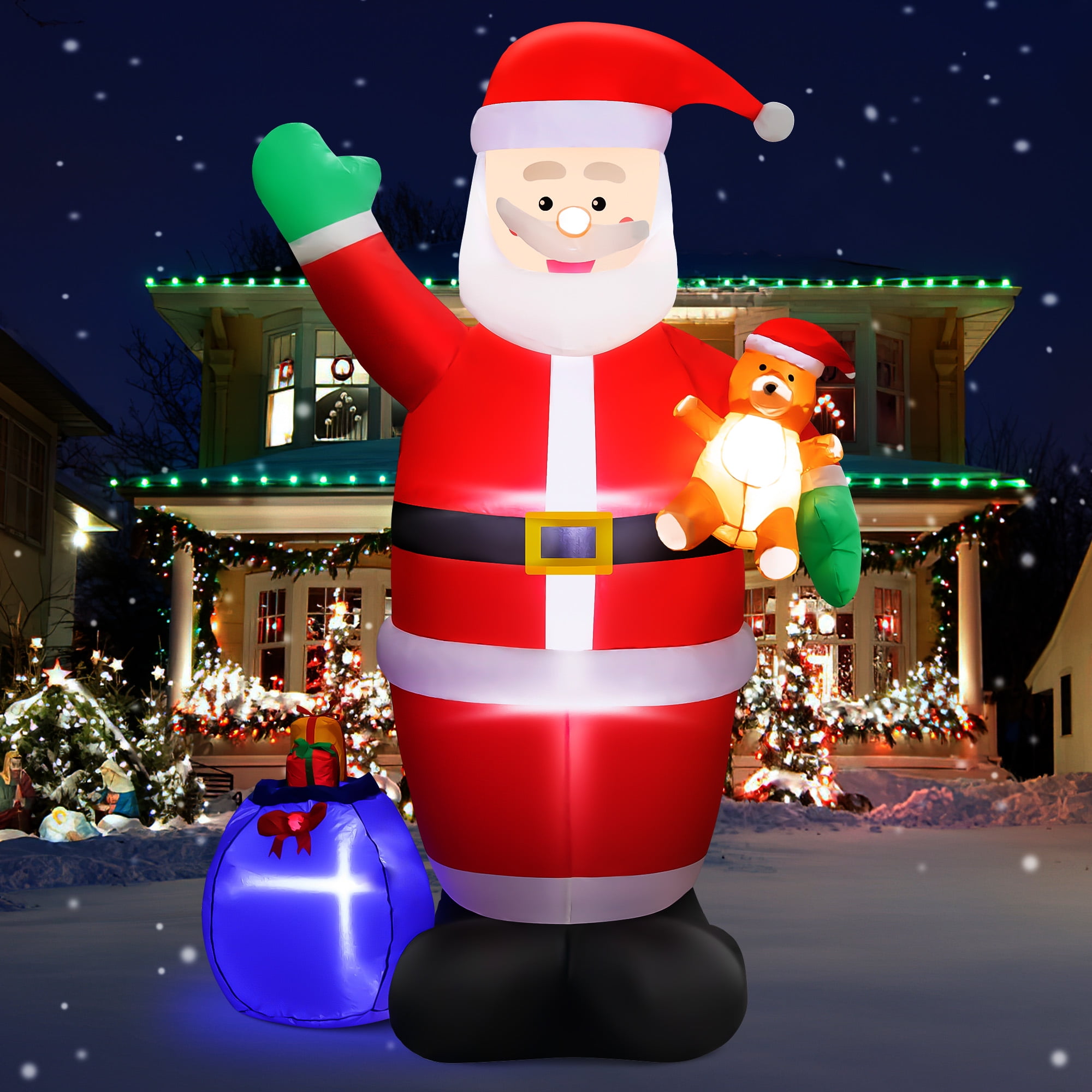7ft Christmas Inflatable Santa Claus Outdoor Decor with Gift Bag and Bear Large Blow Up Santa with LED Lights for Yard,Garden,Lawn