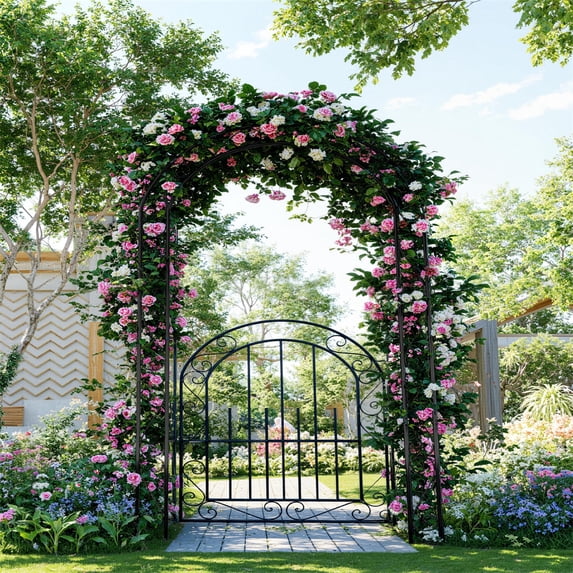 7 FT Elegant Garden Trellis Arch with Gate – Romantic Metal Wedding Arch for Climbing Roses & Flowers, Decorative Steel Arbor for Ceremonies, Backyard, Patio or Lawn, Classic Black