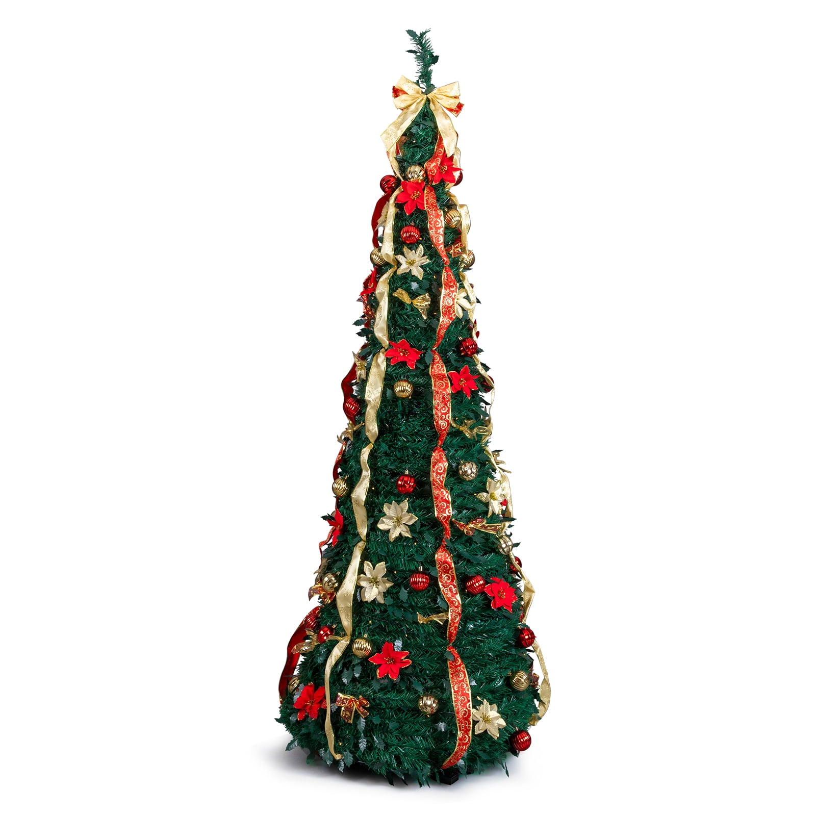 7 FT Fully Decorated Pre-lit Christmas Tree, Pop Up Artificial Xmas Tree with 200 Warm Lights Remote Control and Red & Golden Ornaments for Home Office Store Holiday Decor
