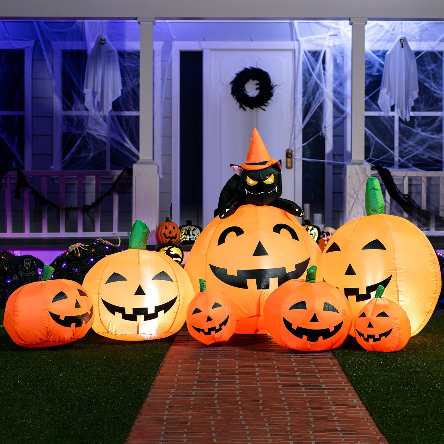 7 FT Halloween Inflatable 7 Pumpkins with Witch's Cat with LEDs Blow Up Inflatables for Halloween Party Decorations - Walmart.com