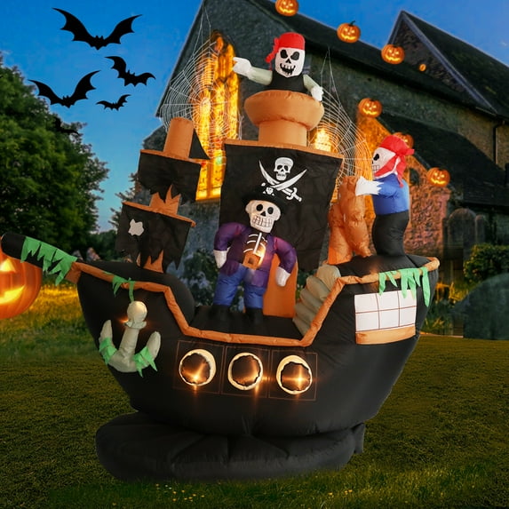 7 FT Halloween Inflatable Skeletons Ghosts on Pirate Ship Lights Decor Outdoor Indoor Holiday Decorations, Blow up Lighted Yard Decor, Giant Lawn Inflatables Home Family Outside Decor