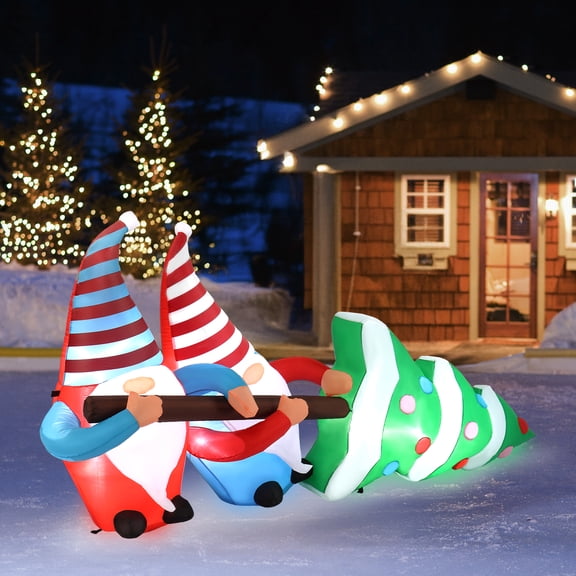 7 FT Lighted Christmas Inflatable Decoration, Inflatable Gnomes Pulling Christmas Tree, Funny Blow Up Yard Decorations with Built-in LED Lights for Holiday Party Front Yard Lawn Garden Decor
