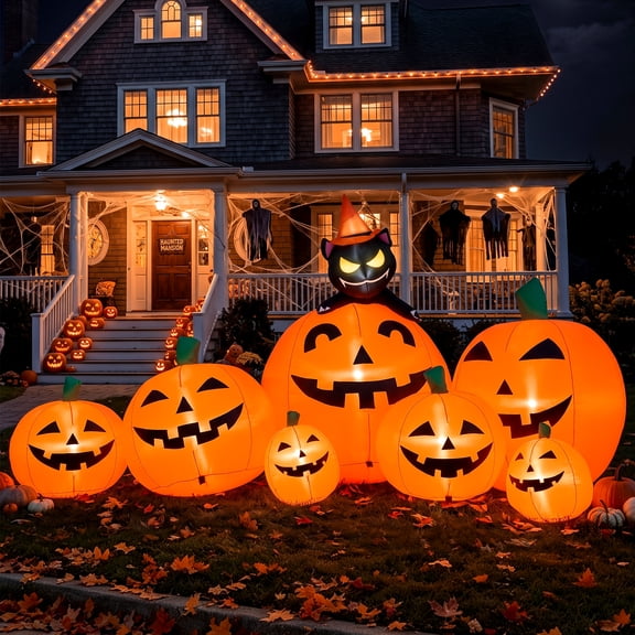 7 FT Long Halloween Inflatables Pumpkin Outdoor Decorations, 7 Pumpkins Outside Decoration with Witch's Cat with Build-in LEDs Blow Up Inflatables for Party Yard Lawn Garden Decor