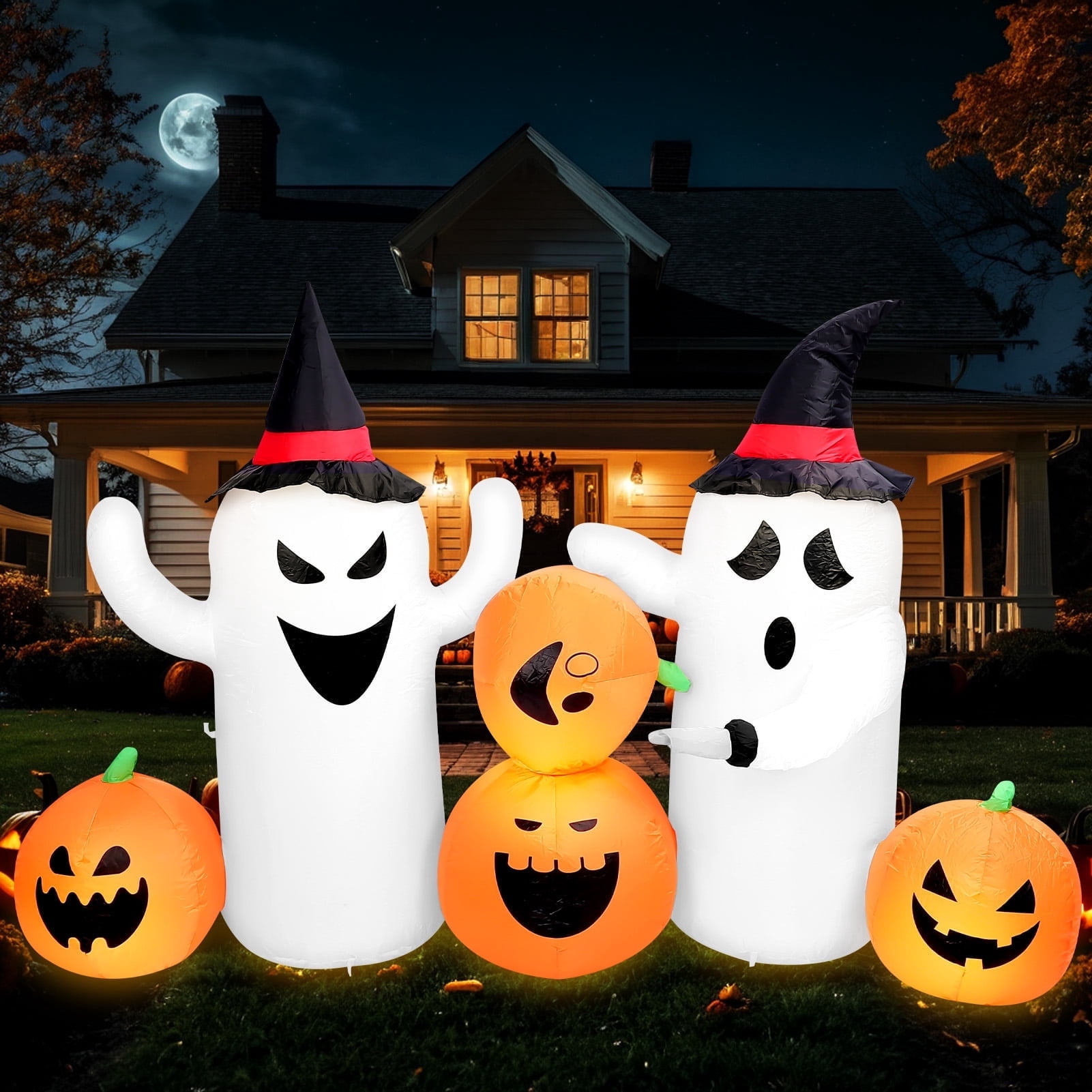 7 FT Long Lighted Halloween Inflatable Ghosts with Pumpkins, Blow Up