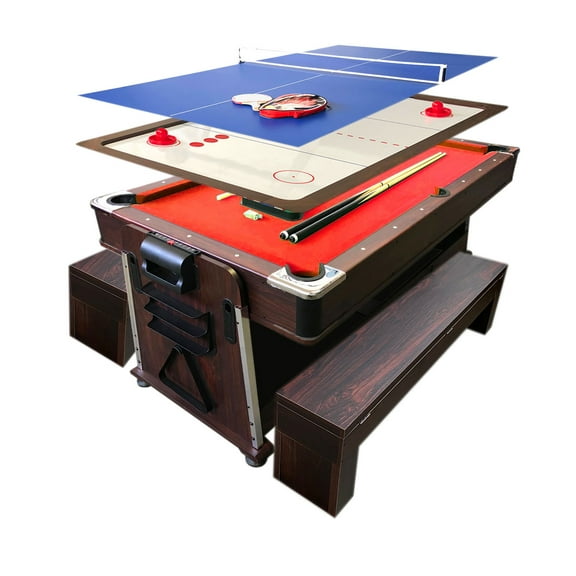 7 FT Multi Games Pool Table Red Air Hockey + Table Tennis + Table Top Crown with Benches