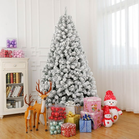 7 FT Pre Lit Snow Flocked Christmas Tree,Artificial Hinged Xmas Pine Tree with 1000 Branches Tips,Realistic Tree with 400 Lights and 11 Light Modes,Remote Control,for Holiday Party,Snowy Green