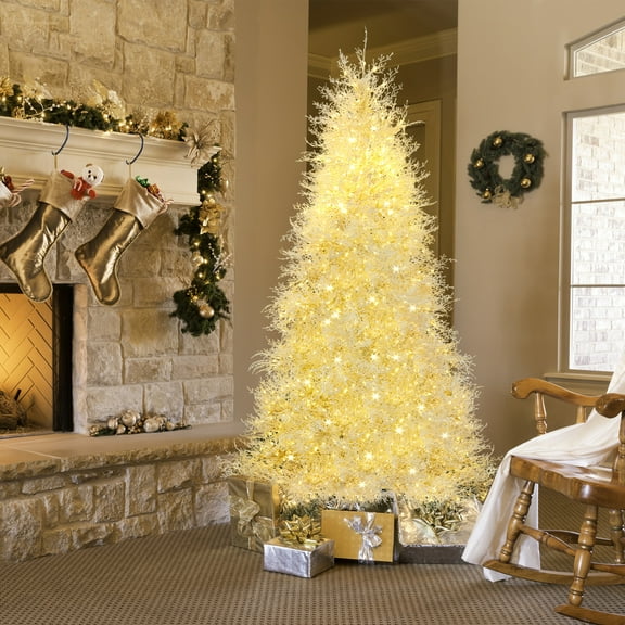 7 FT Pre-lit  Artificial Christmas Tree with 400 LED String Lights Stepless Dimming, 1218 Lifelike PE Branch Tips, Hinged Xmas Pine Tree with 3 Color Modes, Sturdy Metal Base, for Holiday Party,White