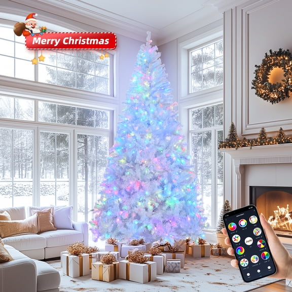 7 FT Pre-lit Artificial Christmas Tree,Artificial Xmas Tree with 400 RGB Lights and 1150 Branch Tips, APP Controlled Xmas Tree Hinged Branches,Slim Christmas Trees for Holiday Office Home,White