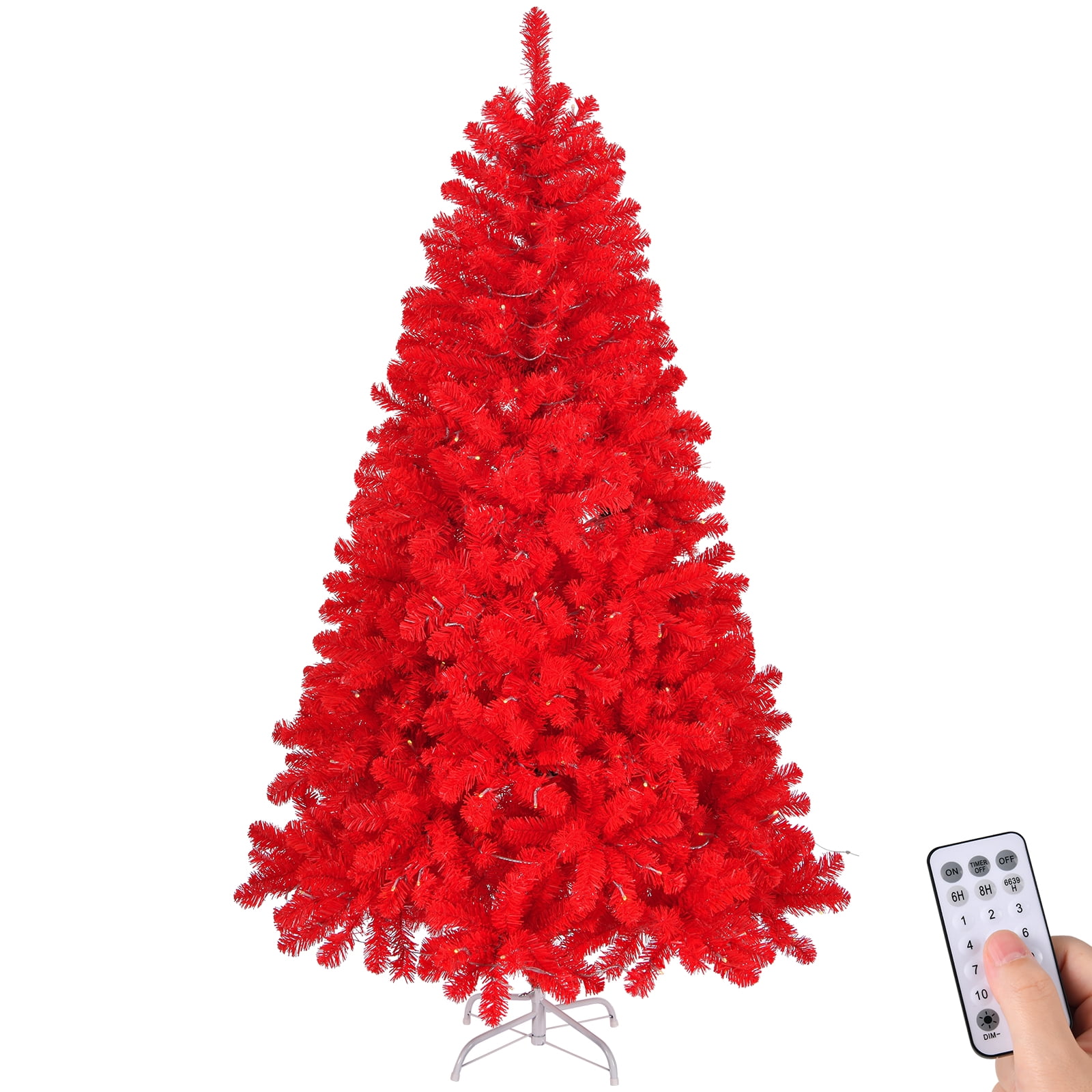 7 FT Pre-lit Artificial Christmas Tree, Hinged Xmas Pine Tree with 1100 Branch Tips, 400 Lights and Remote Control, 10 Modes and Stepless Dimming for Holiday Party Office Home, Red