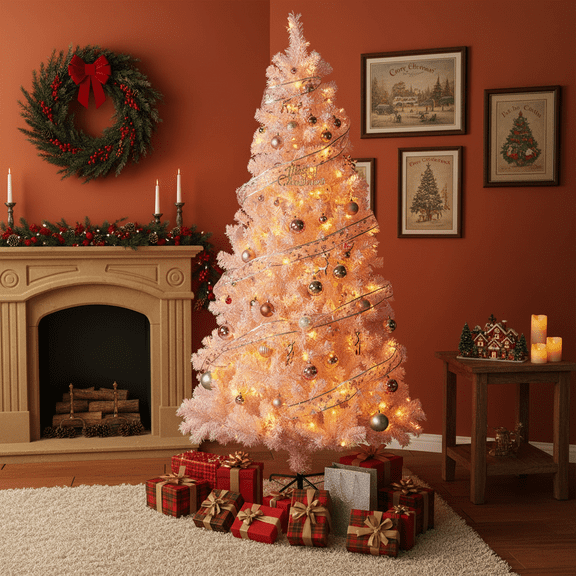 Dimedeal 7 FT Pre-lit Artificial Christmas Tree, Snow Flocked Xmas Tree with 250 LED Light Beads, 174 FT String Lights, 1200 Branch Tips, Metal Hinges & Foldable Base(Pink)