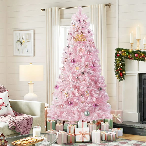 Dimedeal 7 FT Pink Artificial Christmas Tree, Snow Flocked Xmas Tree with 1200 Branch Tips, Metal Hinges & Foldable Base