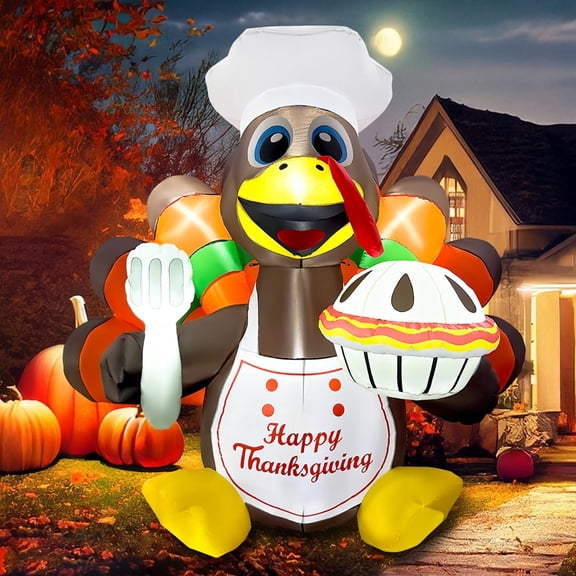 7 FT Wide Inflatable Thanksgiving Turkey, Blow up Thanksgiving Turkey Inflatable Turkey Chef with Built-in LED Lights for Thanksgiving Holiday Party