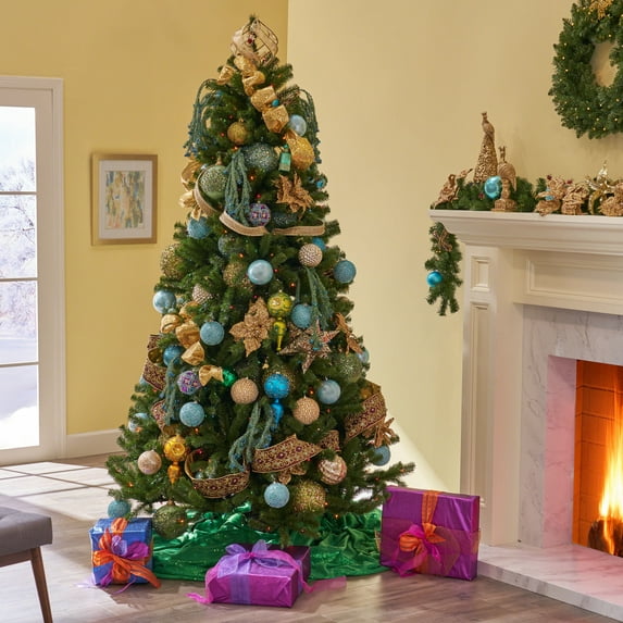 7 Feet Pre-lit Artificial Christmas Tree with 500 UL Listed Colorful Lights, Includes Hinged And Stand, Faux Xmas Tree for Holiday Party Decor (48"Wx48"Dx84"H)