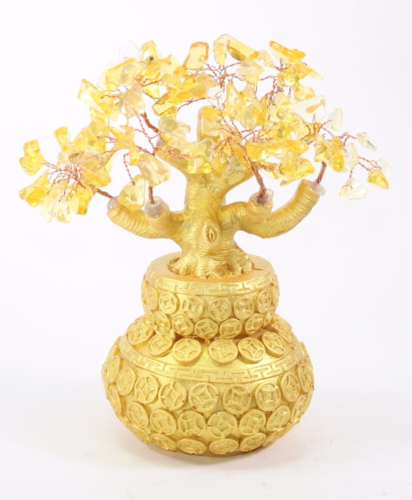 7" Feng Shui Yellow Crystal Money Tree Gold Coins Pot Lucky For Wealth Blessing