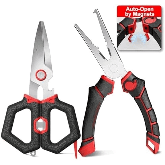 7" Fishing Pliers & 6" Scissors Kit, Saltwater Hook Remover Tool Set, Serrated Blades Braided Line Cutter, Needle Nose Split Ring Fish Gear, Crimping Nipper for Fly, Fishing Gifts for Men