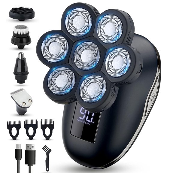 7 Floating Heads Electric Shavers for Bald Men Razors with Nose&Ear Trimmer LED Display 90 Mins Run Time with Travel Lock