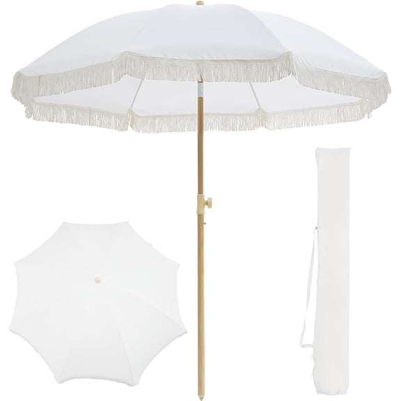 7 Foot Boho Outdoor Umbrella with Fringe and Tassels UPF50+ Fiberglass Ribs Push Button Tilt Cream