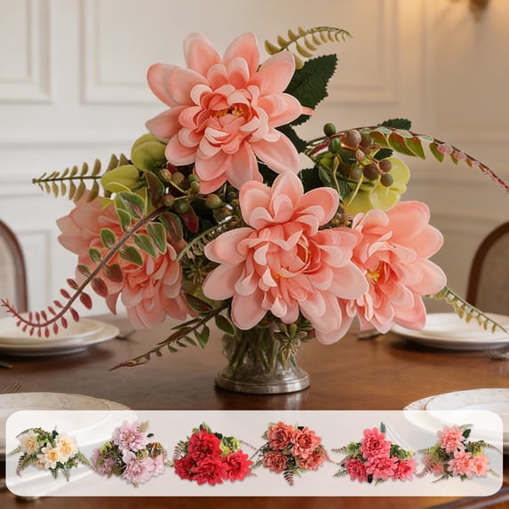 7-Fork Artificial Coral Dahlia Bouquet for Easter Spring Decor, Realistic Faux Chrysanthemum Flower of Spring Wreath, Photo Prop Fake Floral Sprig, Durable Indoor Home Decor Wedding Arrangement, C