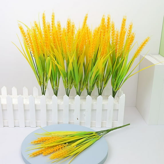 7 Forks Artificial Wheat Ears Rice Plant,Realistic Non Water Needed Simulated Bouquet Easy to Care Indoor/Outdoor Decor