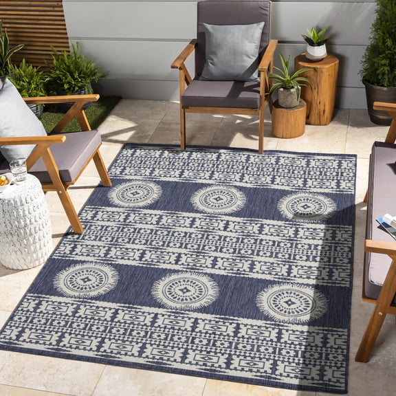 7 Ft. 10 In. X 3 Blue Area Rug - Sunshine Pattern Indoor & Outdoor Polypropylene, , Stain , Pet Caring Use Stain-, -