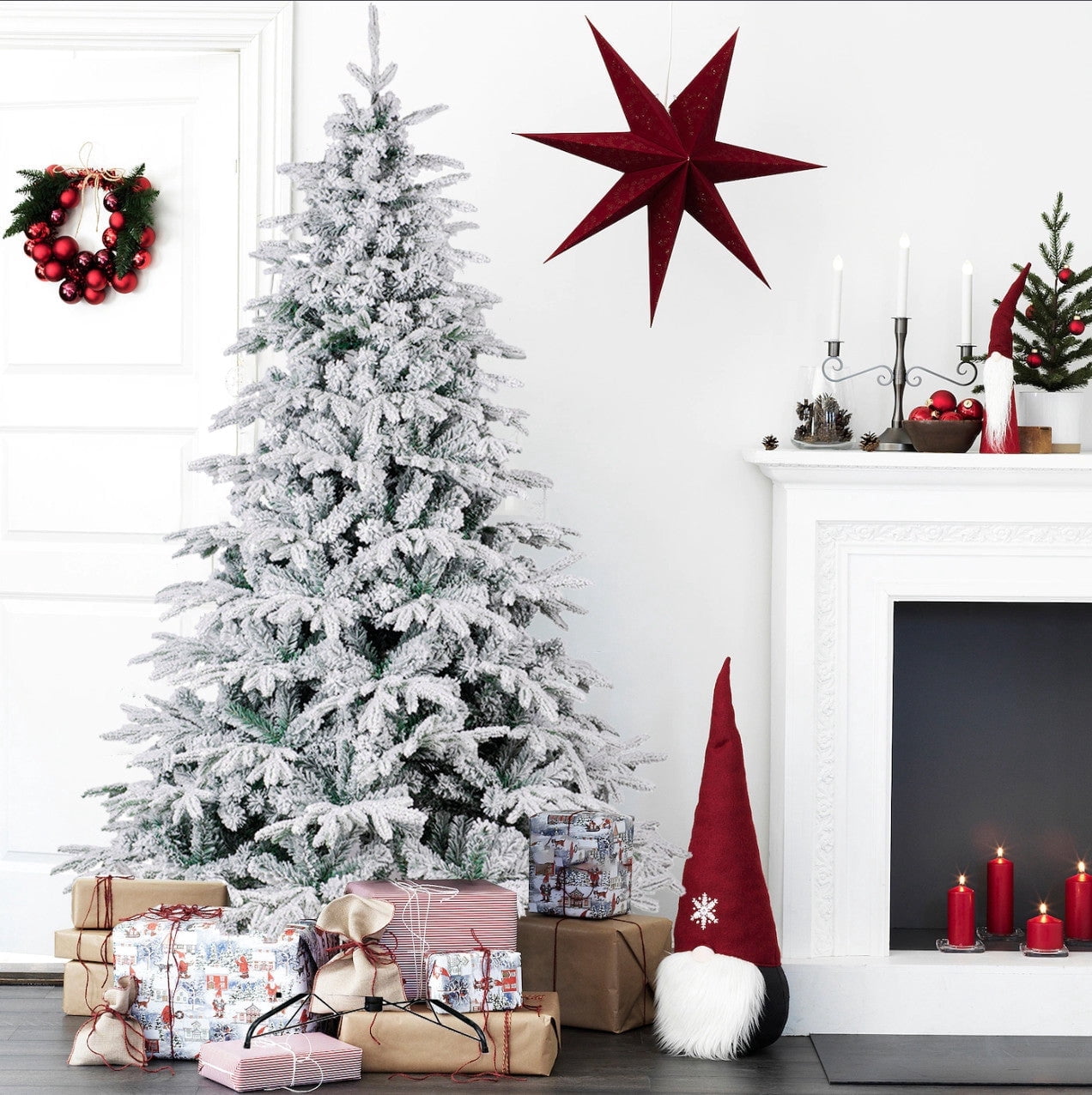 7 Ft Artificial Christmas Trees Flocked Snow White Xmas Tree PE PVC 1080 Tips, 7 foot
