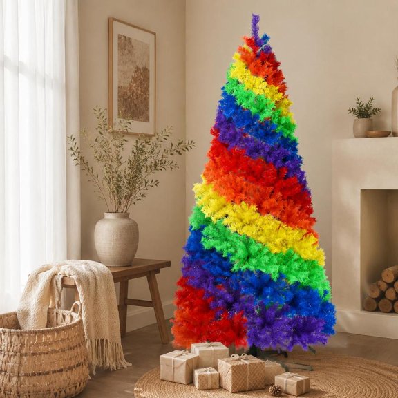 7 Ft Artificial Hinged Christmas Tree with Metal Stand, 1213 Rainbow Branch Tips, Indoor Outdoor Decor