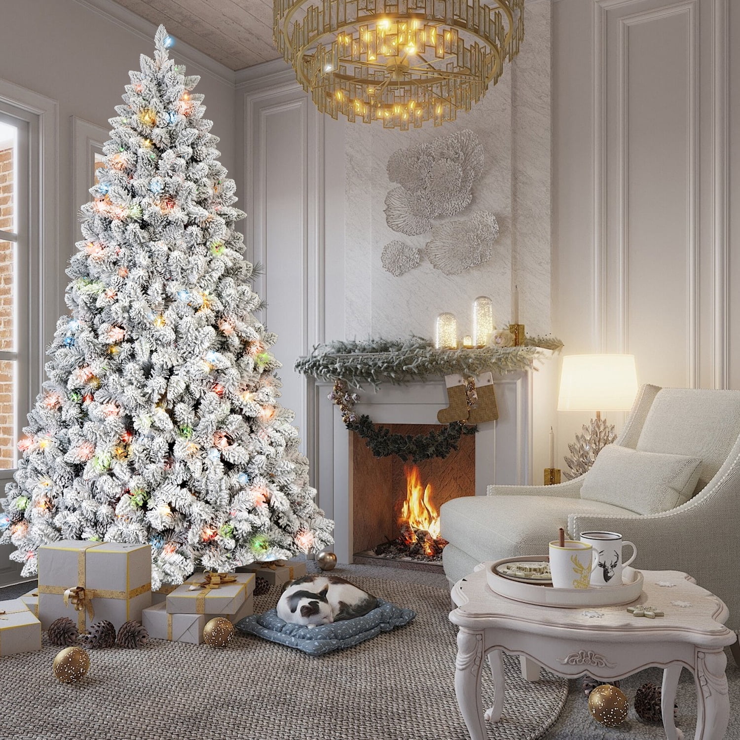 7 Ft Flocked Christmas Tree with 500 Colorful UL Lights and 45 Natural Pine Cones, 1124 Snowy PVC Tips, Hinged Branches, Stable Metal Stand, Easy Setup