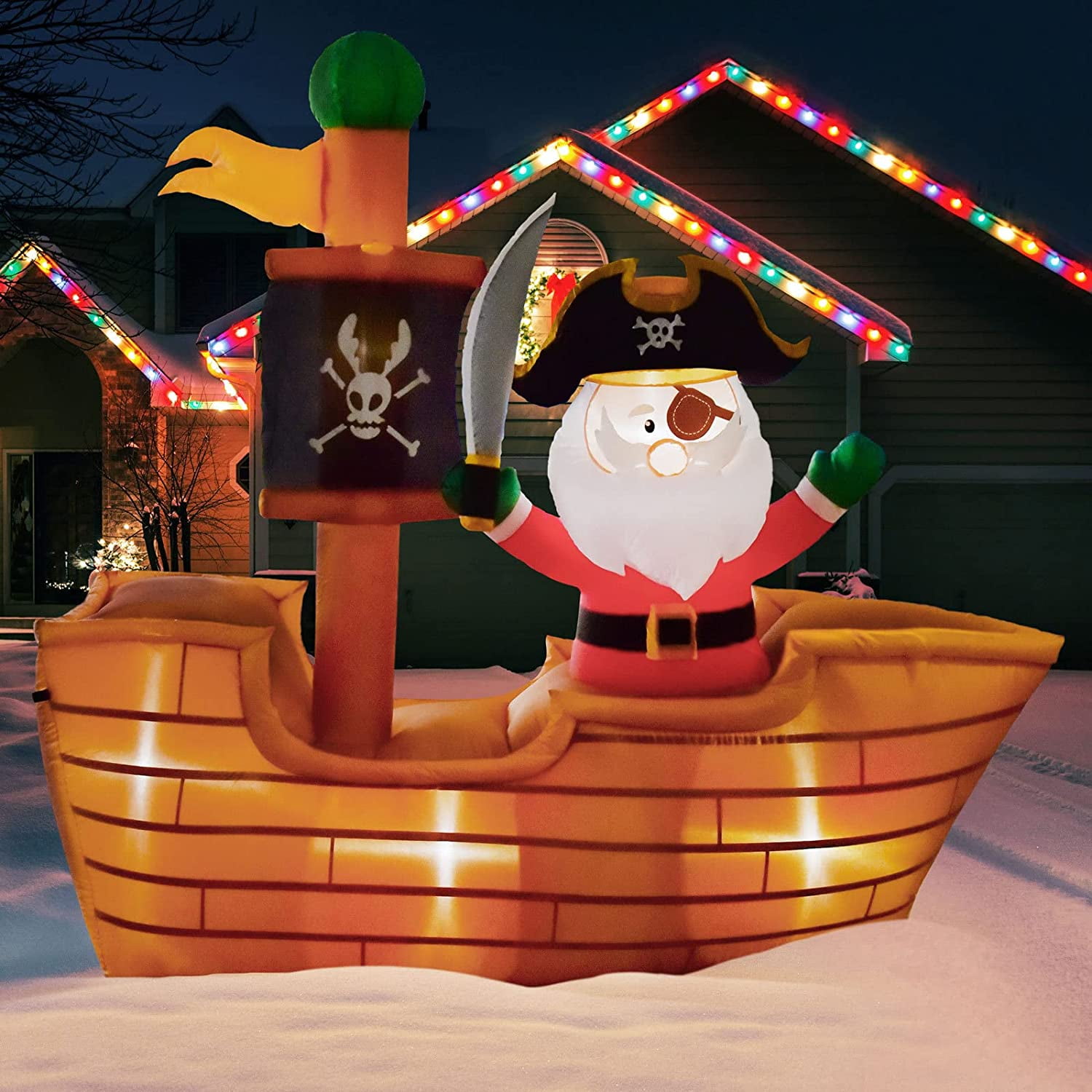 7 Ft Inflatable Pirate Santa On Wooden Ship Flag With LED Lights
