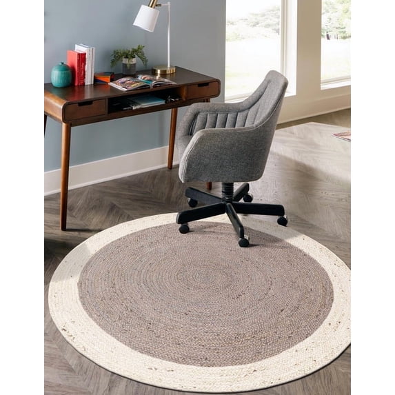 7 Ft Round Gray & White Jute Area Rug, Hand-Woven, Reversible, Farmhouse Boho Style, Durable & Pet-Friendly Rug for Living Room, Dining Room, and Bedroom