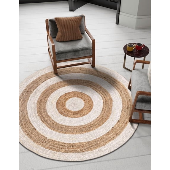 7 Ft Round White & Natural Jute Area Rug, Hand-Woven, Reversible, Farmhouse Boho Style, Durable & Pet-Friendly Rug for Living Room, Dining Room, and Bedroom