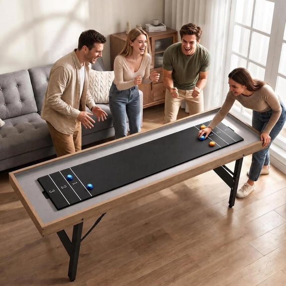 7 Ft Shuffleboard Table, 2 in 1 Shuffleboard and Tabletop Curling Combo Game, Folding Legs, 8 Pucks