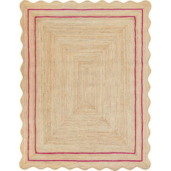 7 Ft Square Red Border Premium Scalloped Jute Rug – Handcrafted Natural Braided Carpet for Living Room, Bedroom, Entryway – Boho Home Decor