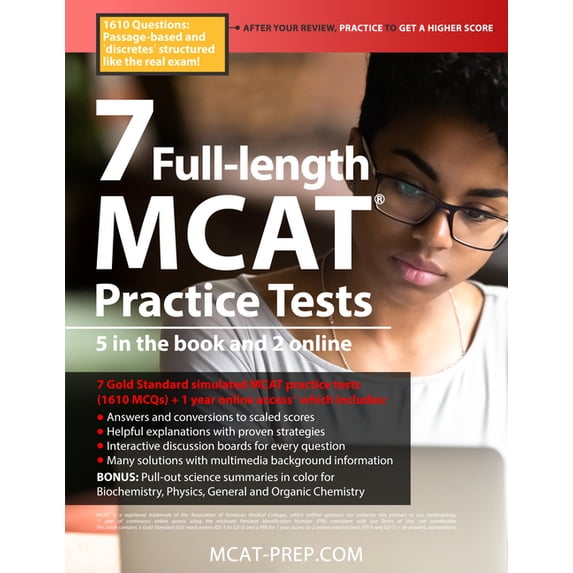 7 Full-Length MCAT Practice Tests: 5 in the Book and 2 Online, 1610 MCAT Practice Questions Based on the Aamc Format, (Paperback)