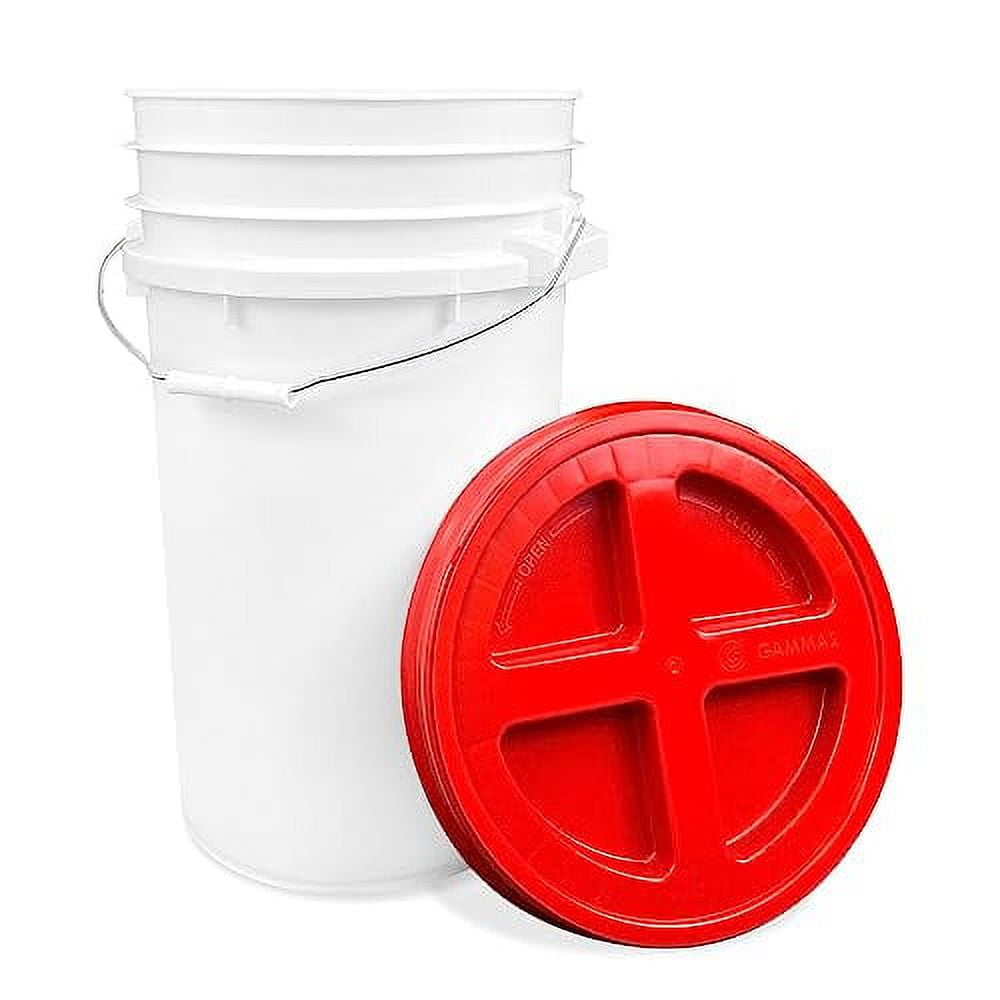 7 G White Bucket with Red Lid, Food Grade Storage, HDPE Plastic, BPA