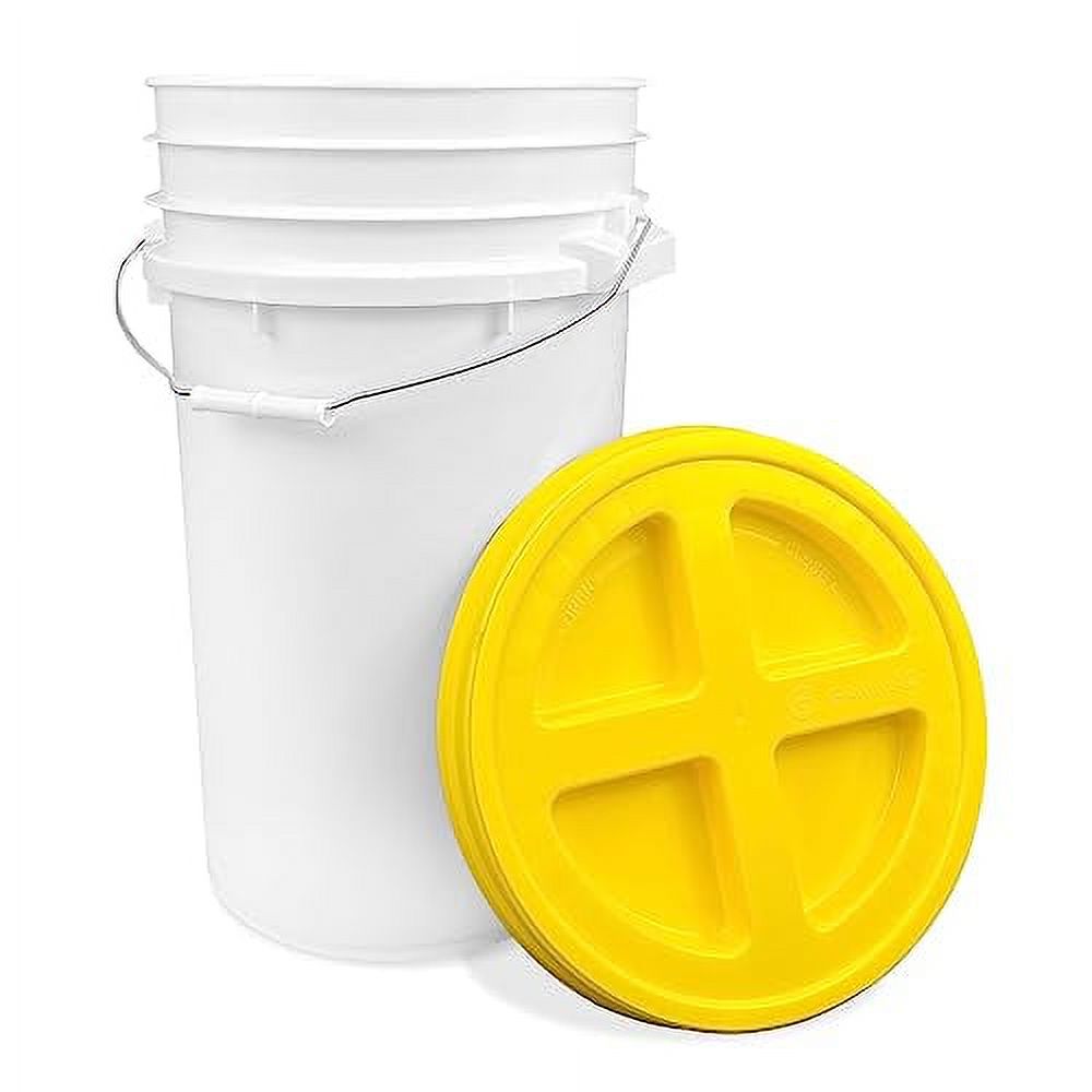 7 G White Bucket with Yellow Lid, Food Grade Storage, HDPE Plastic, BPA