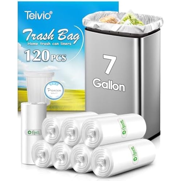 7 Gallon 120 Counts Medium Garbage Bags 6 Gallon 7 Gallon Trash Bags, Waste Basket Liner, Bathroom Trash Can Bin Liners, Plastic Bags for home office kitchen, Clear