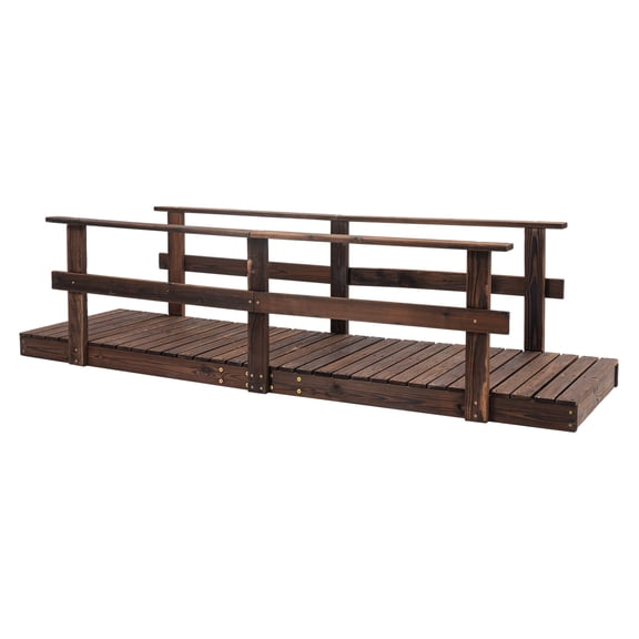 7' Garden Bridge - Pine Wood Outdoor Footbridge for Ponds & Streams - Stained Finish, Decorative Backyard Bridge with Railings
