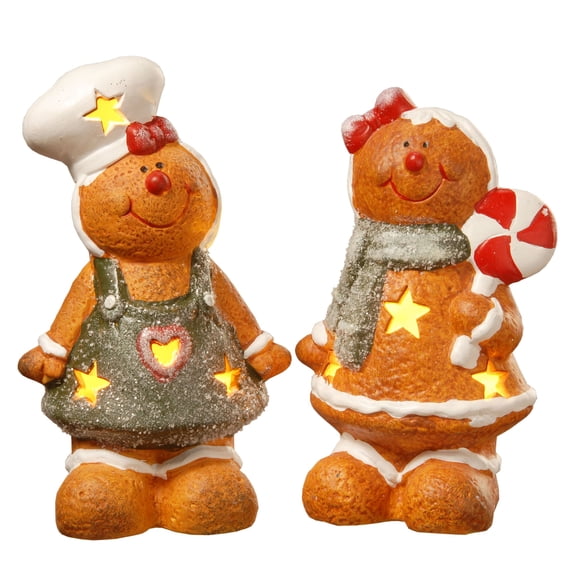 National Tree Set of 2 Orange Battery Operated LED Lighted Christmas Gingerbread Couple Tabletop