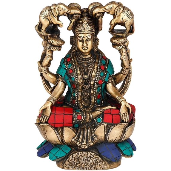 7" Goddess Lakshmi Statue Seated on Lotus with Inlay in Brass | Handmade | Made in India