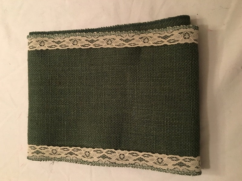 7 Green Burlap Ribbon With Ivory Floral Lace 6 Foot Length-,