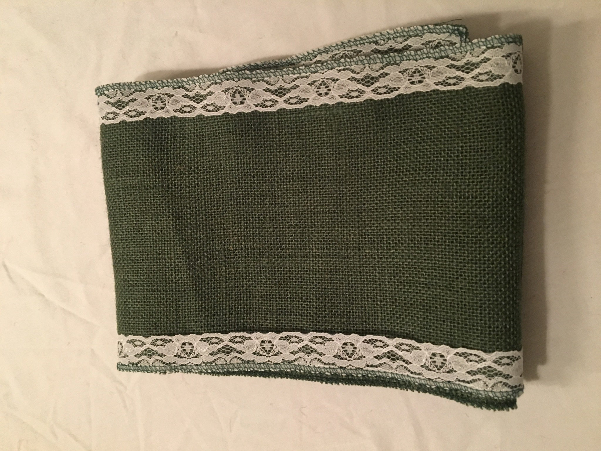 7 Green Burlap Ribbon With White Floral Lace 6 Foot Length-,