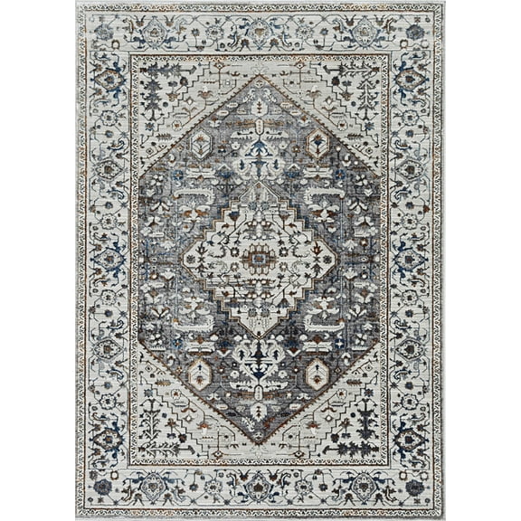 7' Grey Machine Woven Diamond Floral Medallion Indoor Runner Rug